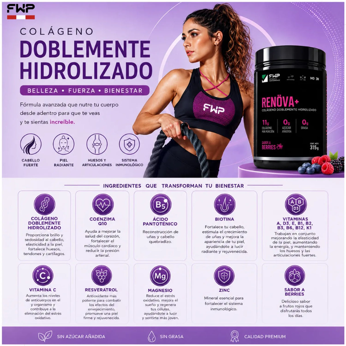 RENOVA+ colágeno Hidrolizado 315 gr con Biopéctidos activos - Piel firme, cabello y unas fuertes