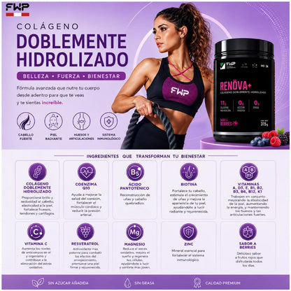 RENOVA+ colágeno Hidrolizado 315 gr con Biopéctidos activos - Piel firme, cabello y unas fuertes